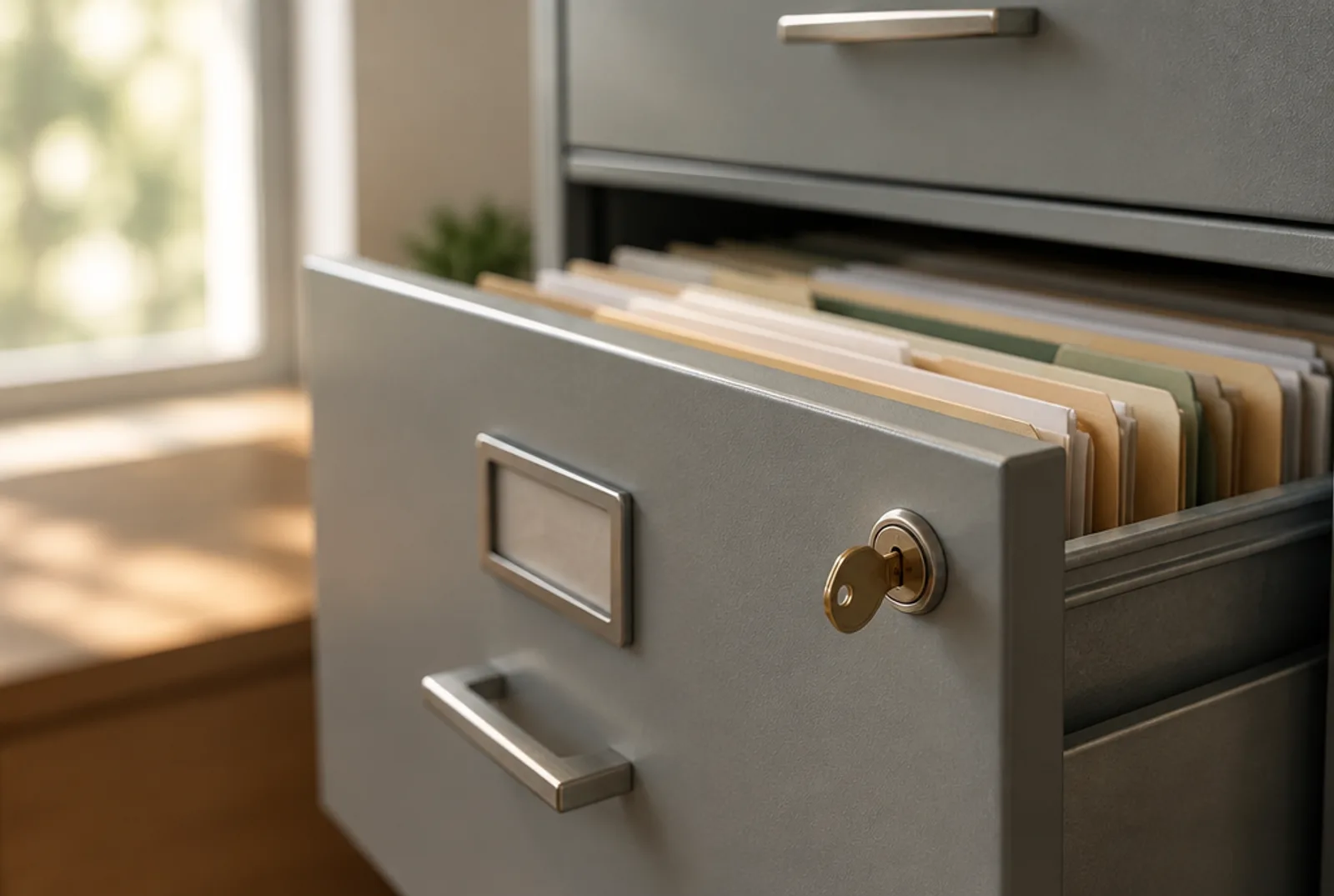 A filing cabinet drawer with neat folders and a key in the lock