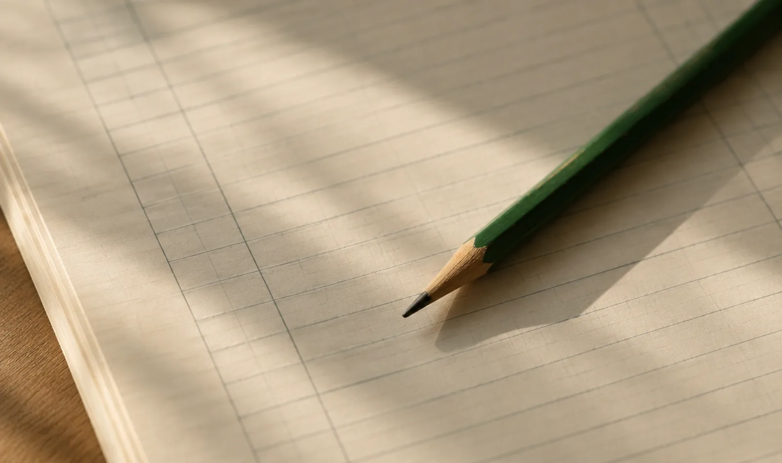 Ledger paper with a green pencil in soft window light