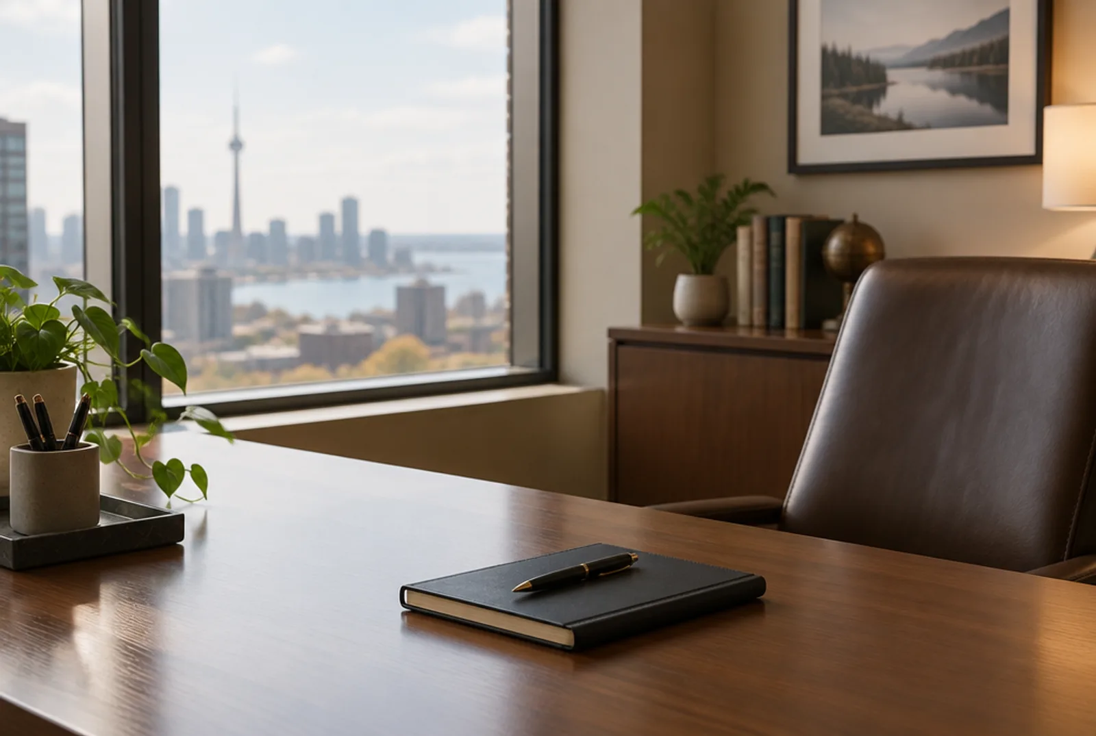 A partner's office with a wooden desk, closed notebook and a window onto the city
