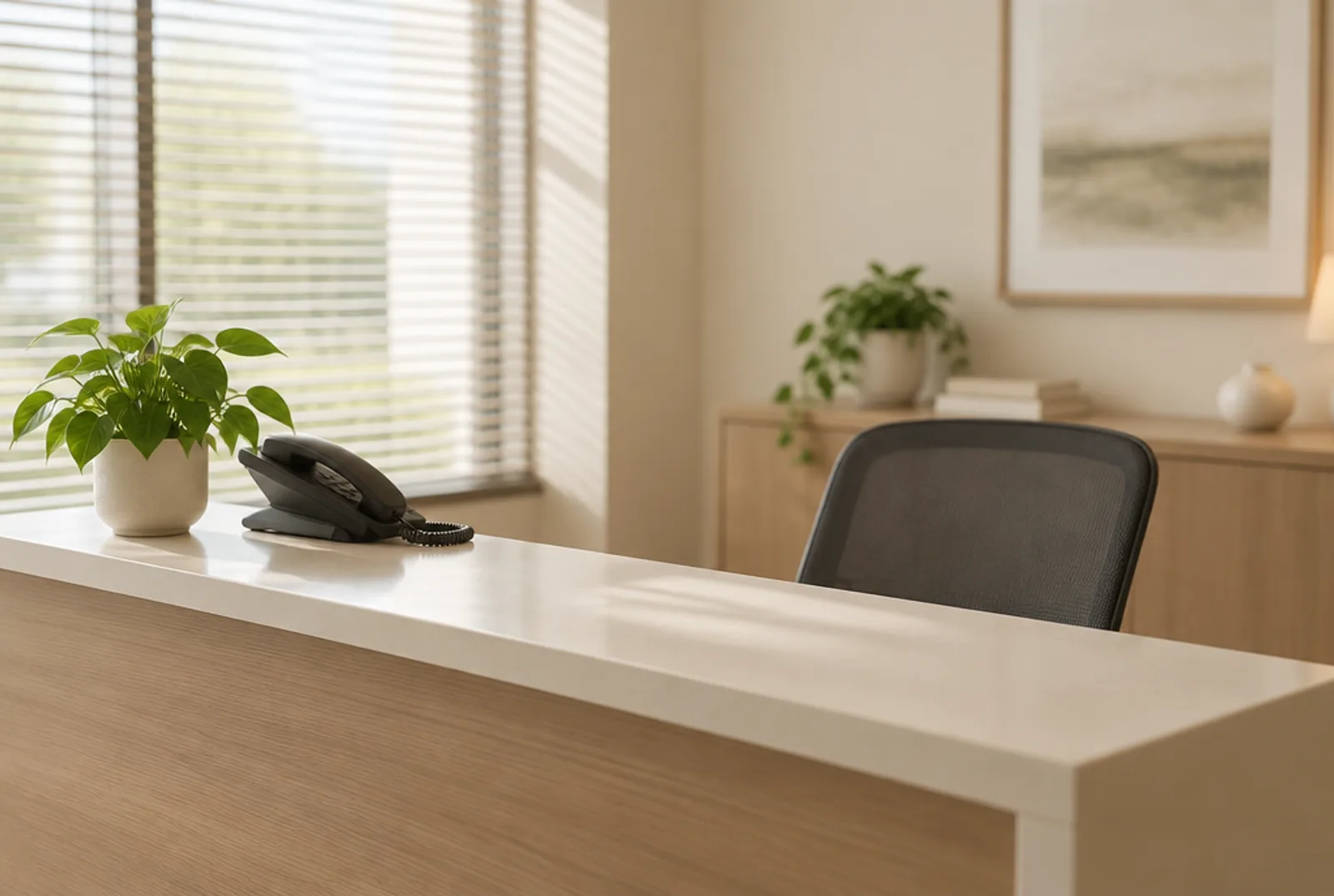 A quiet reception desk with a phone, a plant and an empty chair