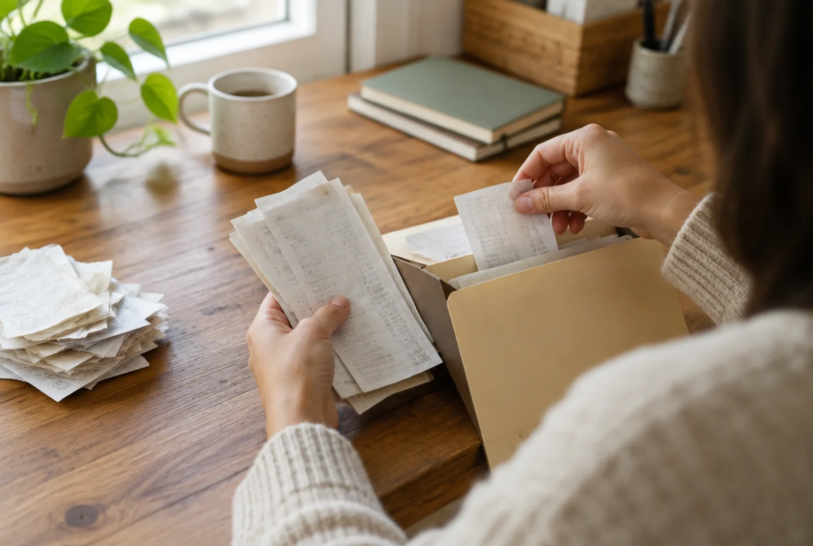 Hands sorting paper receipts into a folder on a wooden desk
