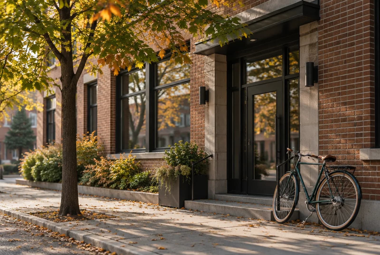 Brick office building entrance on a quiet Toronto street in autumn light, with a bicycle leaning by the door