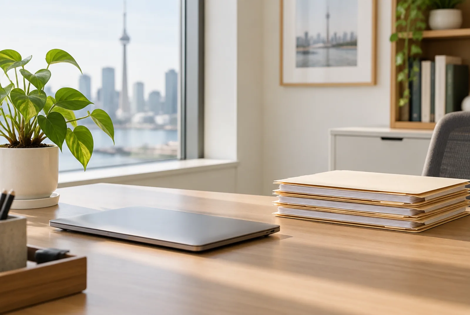 A tidy desk by a bright window with a closed laptop, folders and a plant